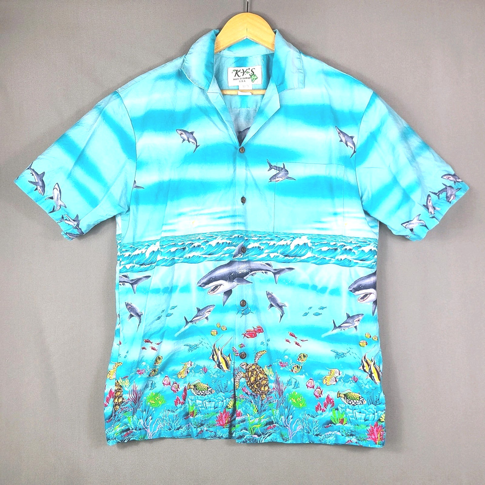 Vtg Kys Hawaiian Shark Print Short Sleeve Button Up Shirt 100% Cotton Mens M